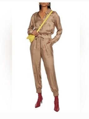 Cinq A Sept Satin Twill Jumpsuit in Pewter Beige Long Sleeve